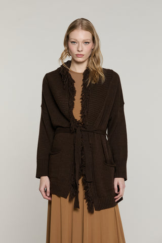 Cardigan MIKALI manica lunga lungo con cintura più tasche Frange