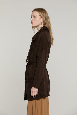 Cardigan MIKALI manica lunga lungo con cintura più tasche Frange