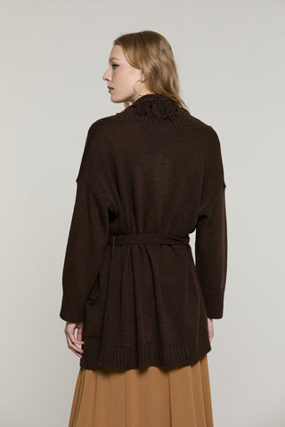 Cardigan MIKALI manica lunga lungo con cintura più tasche Frange