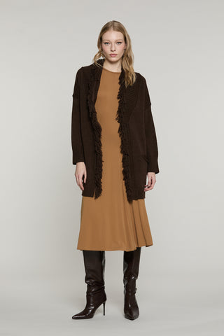 Cardigan MIKALI manica lunga lungo con cintura più tasche Frange