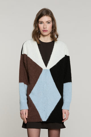Cardigan ANVERSA lungo manica lunga scollo v con snap intarsio rombi