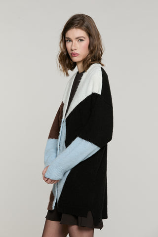 Cardigan ANVERSA lungo manica lunga scollo v con snap intarsio rombi