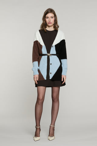 Cardigan ANVERSA lungo manica lunga scollo v con snap intarsio rombi