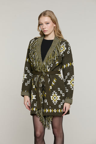 Cardigan ROTTERDAM lungo manica lunga con cintura più frange più jacquard peruviano