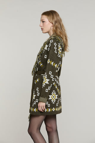 Cardigan ROTTERDAM lungo manica lunga con cintura più frange più jacquard peruviano