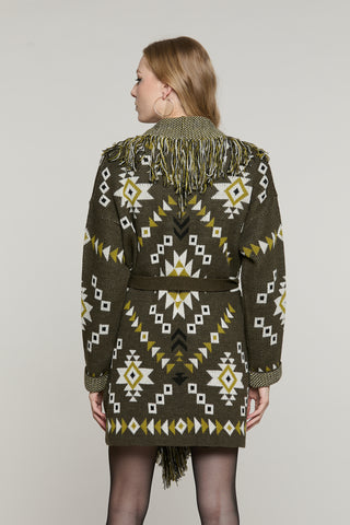 Cardigan ROTTERDAM lungo manica lunga con cintura più frange più jacquard peruviano