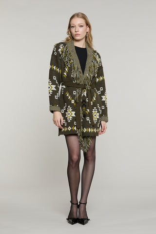 Cardigan ROTTERDAM lungo manica lunga con cintura più frange più jacquard peruviano