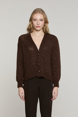 Cardigan BRUGES manica lunga scollo v con bottoni con lurex più micro-paillettes