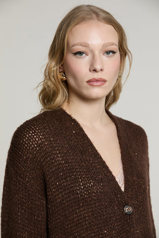 Cardigan BRUGES manica lunga scollo v con bottoni con lurex più micro-paillettes