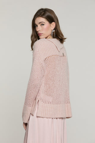 Maglia LORISA manica lunga collo asimmetrico più spacchi con lurex più micro-paillettes
