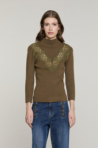 Maglia VOILA manica 3/4 collo vulcano con inserti pizzo costina