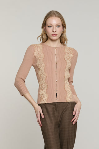 Cardigan SUNNY manica 3/4 girocollo con bottoni crystal più inserti pizzo costina