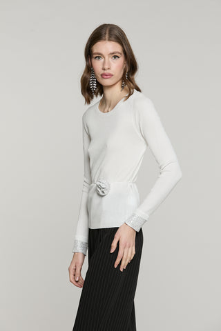 Maglia KEEP manica lunga con bordo paillettes più collarino fiore con strass