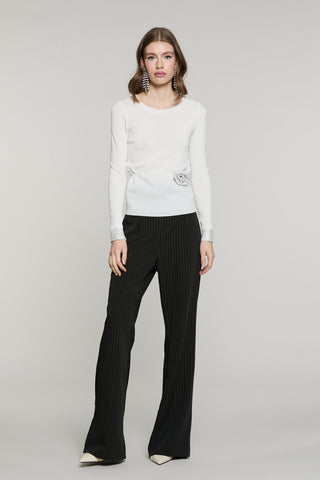 Maglia KEEP manica lunga con bordo paillettes più collarino fiore con strass