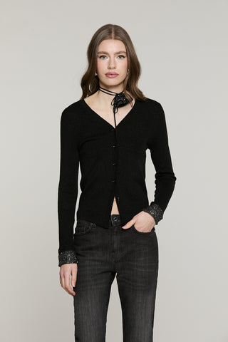 Cardigan SMOOTH manica lunga scollo a V con bordo paillettes più collarino fiore con strass