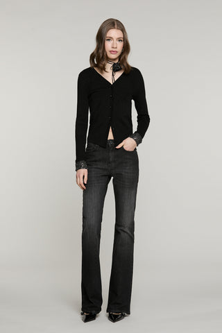 Pantalone SCHIFFER_BLACK v.media 5 ts flaire fit con logo strass tasche denim