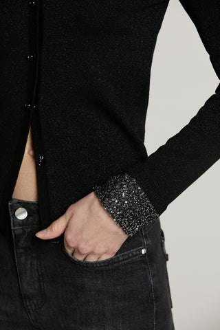 Cardigan SMOOTH manica lunga scollo a V con bordo paillettes più collarino fiore con strass