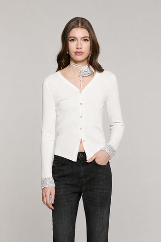Cardigan SMOOTH manica lunga scollo a V con bordo paillettes più collarino fiore con strass