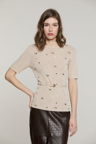 Maglia STRONGER mezza manica con paillettes più castoni più cintura con fibbia logo lurex