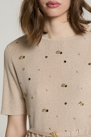 Maglia STRONGER mezza manica con paillettes più castoni più cintura con fibbia logo lurex