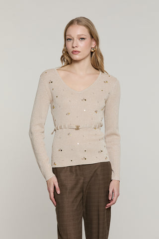 Maglia TABOO manica lunga scollo a V con paillettes più castoni più cintura con fibbia logo lurex