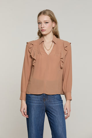 Blusa PARIETTI manica lunga con rouches più pieghe scollo v con collana logo