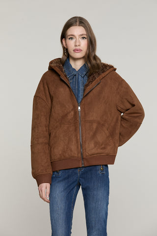 Montone GOMEZ manica lunga con cappuccio più zip più tasche più bordi costa ecocamoscio