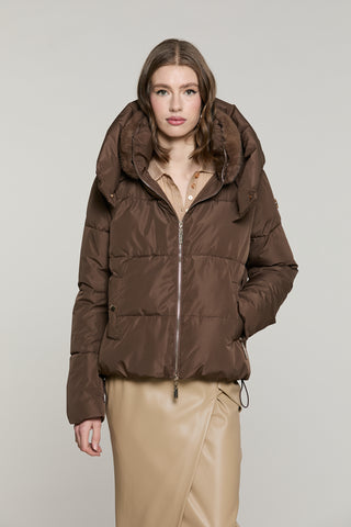Piumino PORONGIS corto manica lunga con cappuccio più bordo ecopelliccia staccabile più tasche più zip