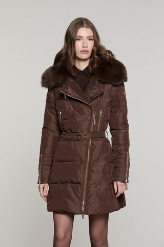 Piumino CUNY lungo manica lunga con zip più collo ecopelliccia staccabile più cintura