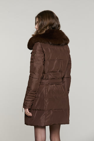 Piumino CUNY lungo manica lunga con zip più collo ecopelliccia staccabile più cintura