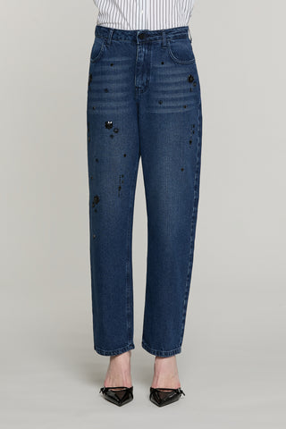 Panta CARLA_BLUE vita media baggy fit con castoni più pietre denim blue