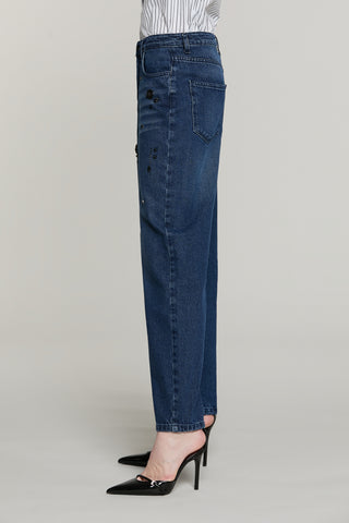 Panta CARLA_BLUE vita media baggy fit con castoni più pietre denim blue