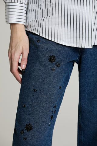 Panta CARLA_BLUE vita media baggy fit con castoni più pietre denim blue