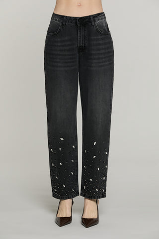 Panta CARLA_BLACK v.media baggy fit con castoni più pietre più perline denim black