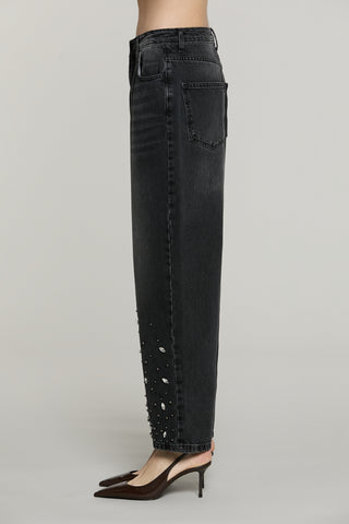 Panta CARLA_BLACK v.media baggy fit con castoni più pietre più perline denim black