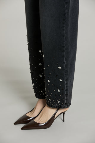 Panta CARLA_BLACK v.media baggy fit con castoni più pietre più perline denim black