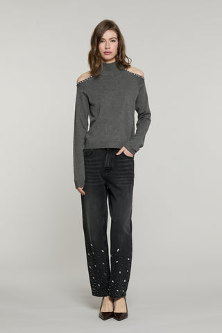Panta CARLA_BLACK v.media baggy fit con castoni più pietre più perline denim black