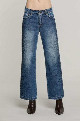 Panta ELLELONG_BLUE vita media straight fit 5 ts con strass denim blue