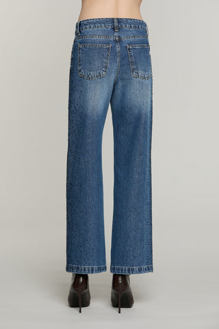 Panta ELLELONG_BLUE vita media straight fit 5 ts con strass denim blue