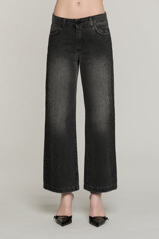 Panta ELLELONG_BLACK vita media straight fit 5 ts con strass denim black
