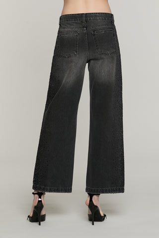 Panta ELLELONG_BLACK vita media straight fit 5 ts con strass denim black
