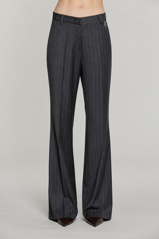 Pantalone IUSSIS vita alta zampa con tasche francesi più filetto gessato
