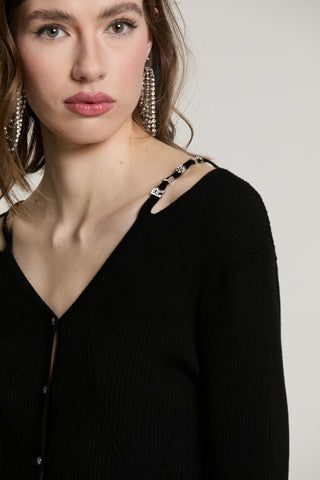 Abito LETTERINGA midi manica lunga scollo a V con bott.crystal più apertura spalle con logo strass