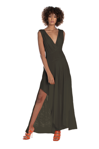 KERINCI_BIS long sleeveless dress with smok stitch plus double neckline and pleats