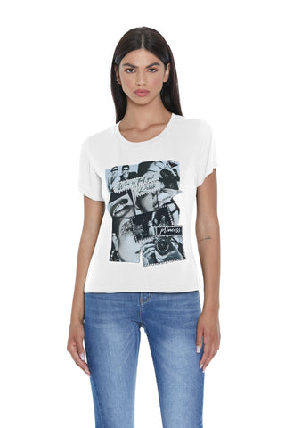 MINELA half-sleeved georgette t-shirt with women's prints and rhinestones
