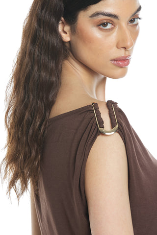YOKOS half-sleeve t-shirt with shoulder buckle and side pleats