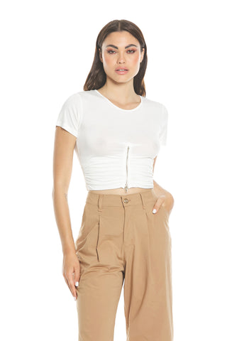 T-shirt AWATIF corta mezza manica con arricci più zip
