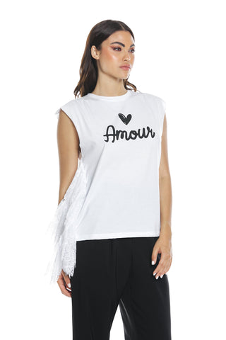 AMMOR half sleeve t-shirt with frills plus print plus lace insert
