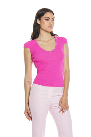 APOFILLITE half-sleeved wide V-neck sweater with ribbed buttons