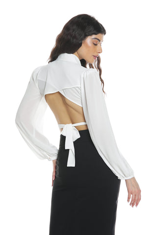DOLLE short blouse with long puff sleeves with open back plus sash plus necklace plus pendants